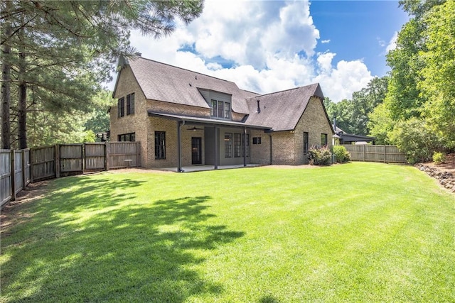 1150 Walden Ln, Auburn, AL 36830 - rear view of house featuring a patio, a fenced backyard, a ceiling fan, brick siding, and roof with shingles