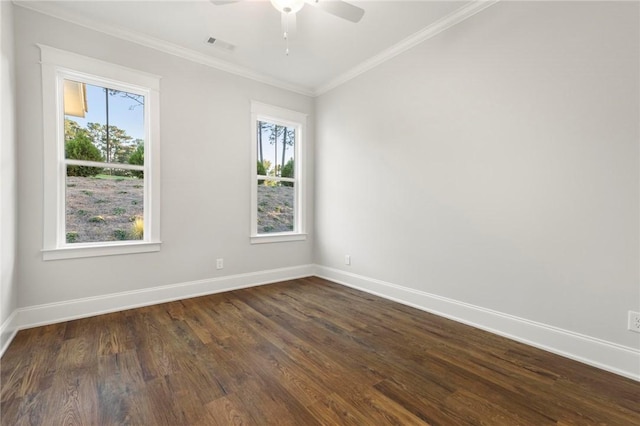 spare room featuring baseboards, dark wood-style flooring, and a healthy amount of sunlight