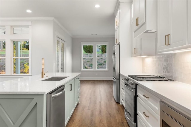 kitchen with crown molding, tasteful backsplash, a sink, dark wood finished floors, and stainless steel appliances