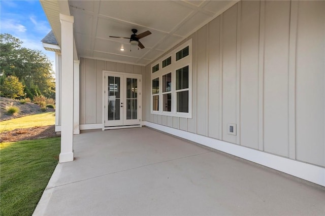 view of patio with french doors and ceiling fan