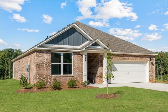 view of front of house featuring brick siding, board and batten siding, a front yard, a garage, and driveway