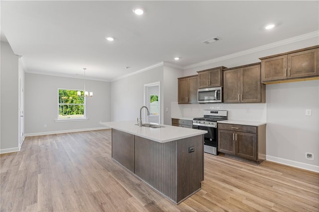 kitchen featuring stainless steel appliances, visible vents, light wood-style flooring, a kitchen island with sink, and a sink