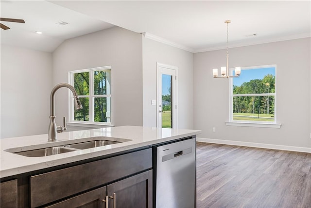 kitchen with stainless steel dishwasher, a sink, a wealth of natural light, and light wood-style floors