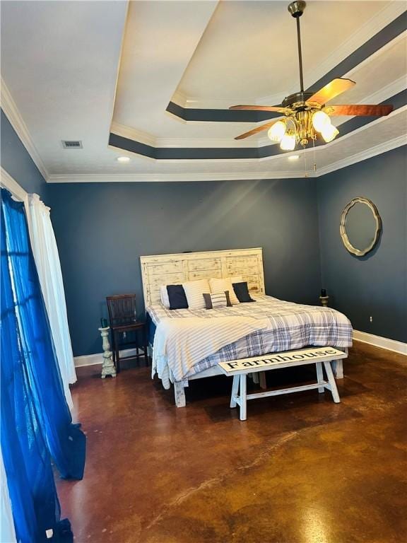 bedroom featuring ceiling fan, a raised ceiling, and crown molding