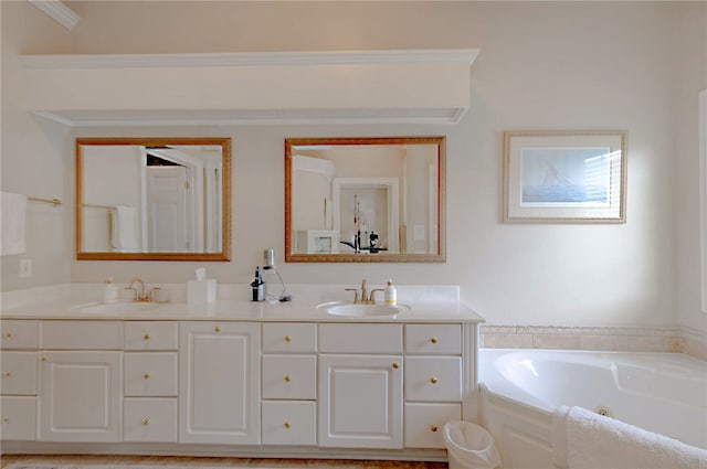 full bathroom featuring double vanity and a tub with jets
