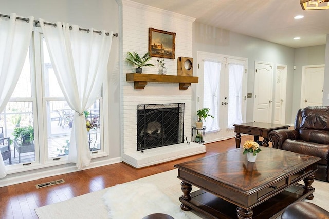 living room with hardwood / wood-style flooring, a healthy amount of sunlight, and a fireplace