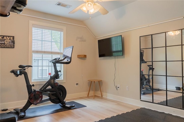 1714 Vfw Rd, Auburn, AL 36830 - workout room featuring ceiling fan, wood finished floors, baseboards, and lofted ceiling