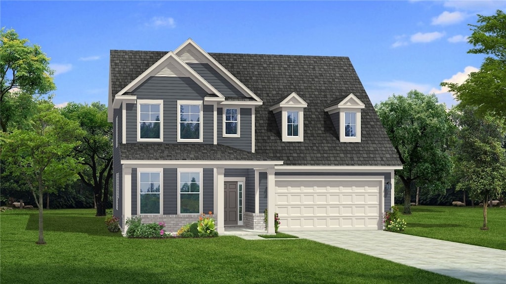 view of front facade featuring a garage and a front lawn