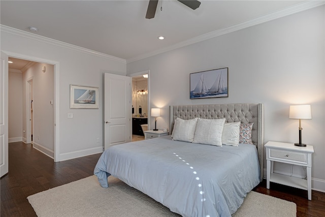 bedroom featuring crown molding, dark hardwood / wood-style flooring, and ceiling fan