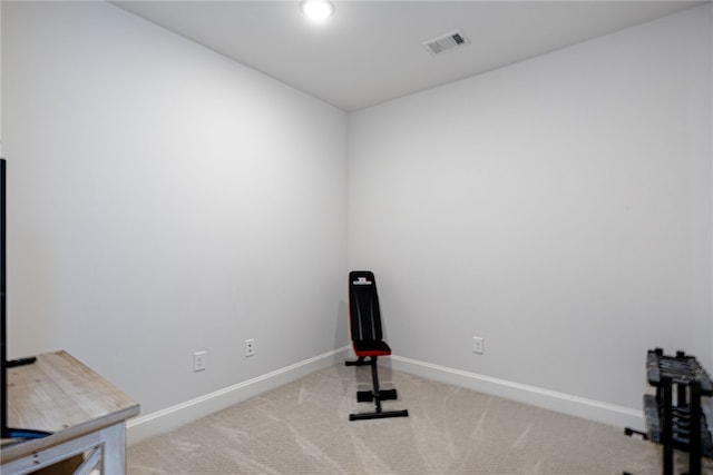 workout area featuring light colored carpet