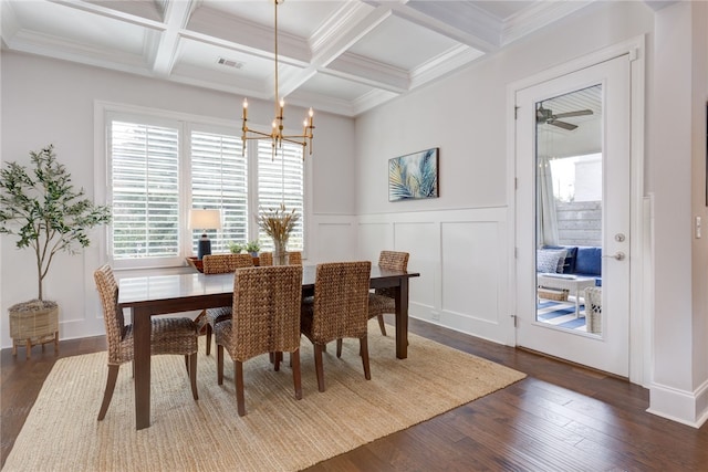 dining space featuring dark hardwood / wood-style flooring, beamed ceiling, an inviting chandelier, and coffered ceiling