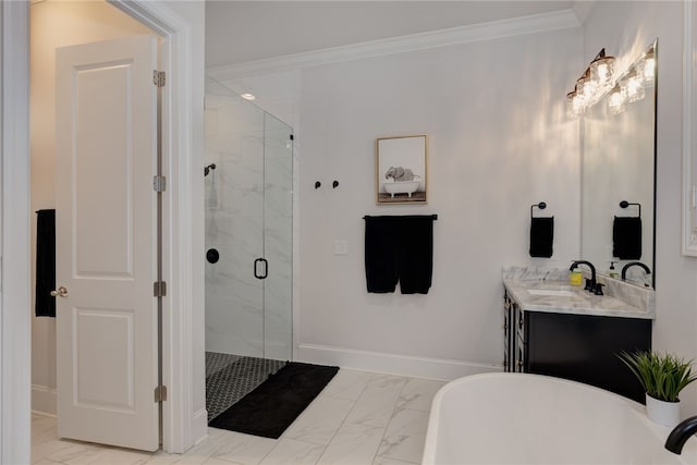 bathroom with ornamental molding, vanity, and plus walk in shower