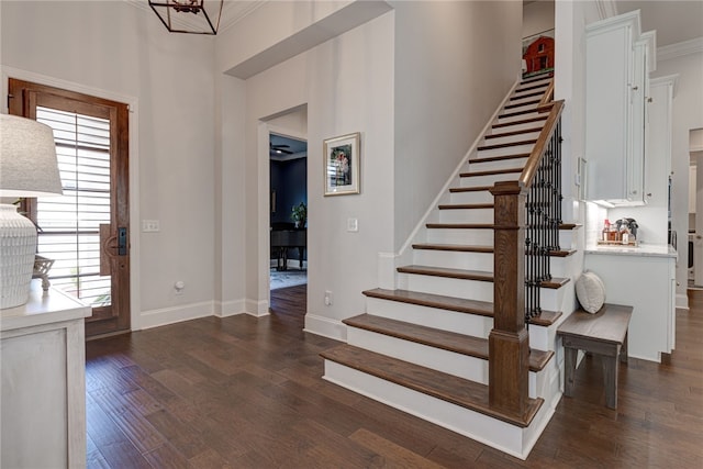 foyer entrance featuring dark wood-type flooring and crown molding