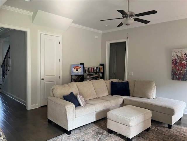 1836 Waterfall Rd, Auburn, AL 36830 - living area featuring dark wood-style floors, ornamental molding, a ceiling fan, stairway, and recessed lighting