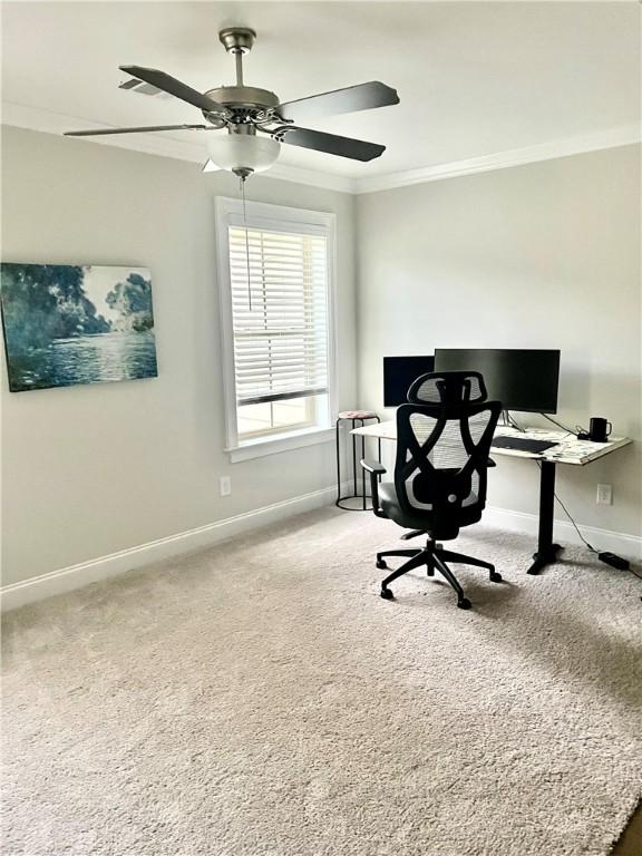 1836 Waterfall Rd, Auburn, AL 36830 - office area with carpet flooring, crown molding, and ceiling fan