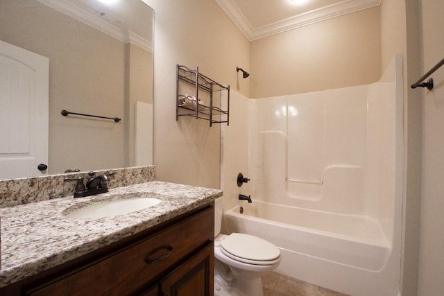 full bathroom featuring tile patterned floors, toilet, tub / shower combination, ornamental molding, and vanity