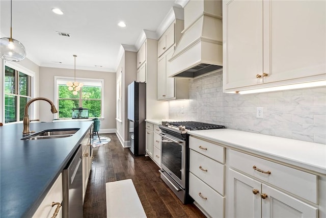 kitchen with crown molding, premium range hood, dark wood-type flooring, a sink, and appliances with stainless steel finishes