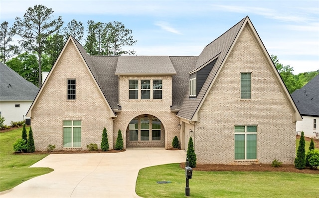 view of front of property featuring concrete driveway, brick siding, a shingled roof, and a front lawn