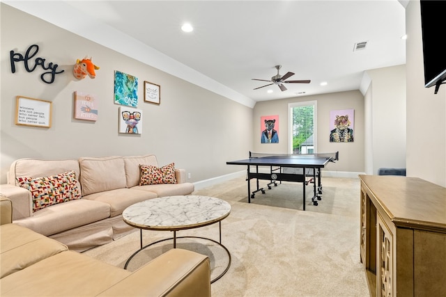 rec room with ceiling fan, visible vents, baseboards, light carpet, and recessed lighting