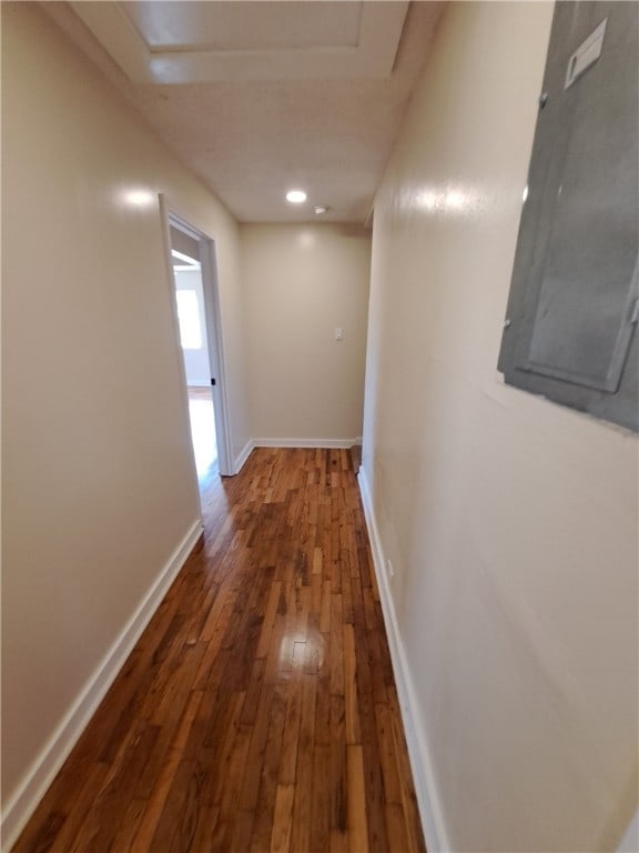 corridor with electric panel and dark hardwood / wood-style flooring