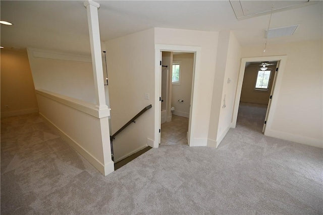 227 Westover St, Auburn, AL 36832 - hallway featuring attic access, carpet, and an upstairs landing
