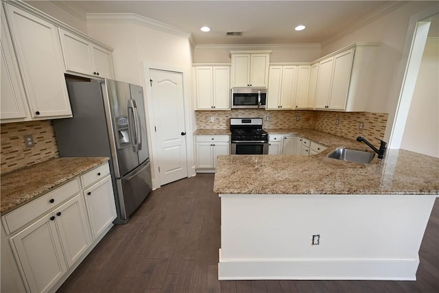 227 Westover St, Auburn, AL 36832 - kitchen with appliances with stainless steel finishes, a peninsula, light stone counters, ornamental molding, and recessed lighting