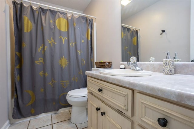 full bathroom with a shower with curtain, toilet, tile patterned flooring, and vanity