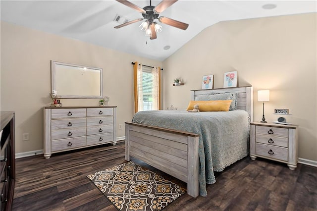 172 Solamere Ln, Auburn, AL 36832 - bedroom featuring dark wood-type flooring, vaulted ceiling, and a ceiling fan