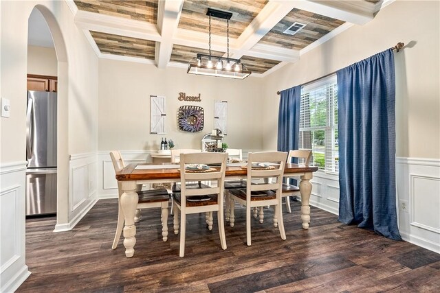 172 Solamere Ln, Auburn, AL 36832 - dining area with coffered ceiling, dark wood-style floors, beamed ceiling, arched walkways, and crown molding