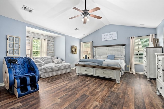 172 Solamere Ln, Auburn, AL 36832 - bedroom with dark wood-style flooring, vaulted ceiling, and a ceiling fan