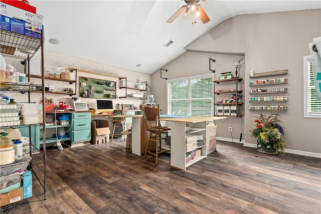 172 Solamere Ln, Auburn, AL 36832 - office space with ceiling fan, vaulted ceiling, and dark wood-style flooring