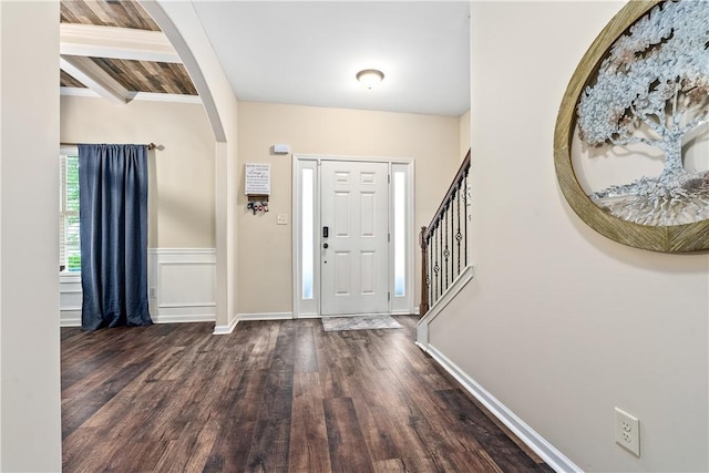 172 Solamere Ln, Auburn, AL 36832 - foyer with wood finished floors, stairway, arched walkways, and beam ceiling
