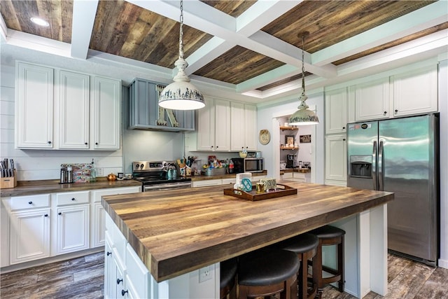1249 County Road 446, Five Points, AL 36855 - kitchen with wood counters, stainless steel appliances, coffered ceiling, dark wood-type flooring, and a center island