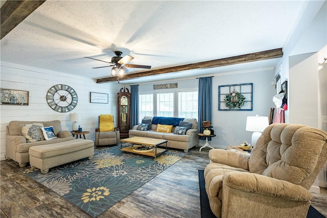 1249 County Road 446, Five Points, AL 36855 - living area featuring wood finished floors, a ceiling fan, a textured ceiling, and wooden walls