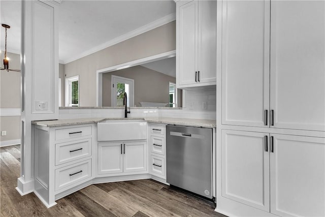 1661 S Camden Ct, Auburn, AL 36830 - kitchen with stainless steel dishwasher, crown molding, dark wood finished floors, white cabinets, and light stone counters