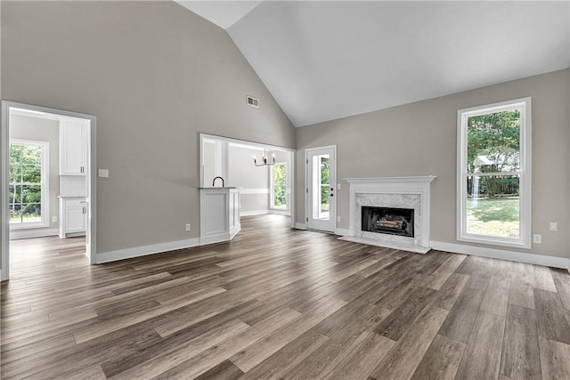 1661 S Camden Ct, Auburn, AL 36830 - unfurnished living room with dark wood finished floors, a chandelier, a premium fireplace, and high vaulted ceiling