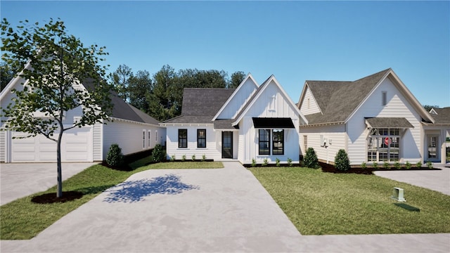 112 Hunters Way, Opelika, AL 36801 - modern inspired farmhouse featuring a front yard, concrete driveway, board and batten siding, and an outdoor structure