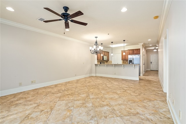 234 W Magnolia Ave Unit 305, Auburn, AL 36830 - unfurnished living room with a chandelier, a ceiling fan, crown molding, recessed lighting, and baseboards