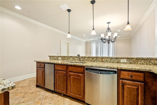 234 W Magnolia Ave Unit 305, Auburn, AL 36830 - kitchen with stainless steel dishwasher, crown molding, a chandelier, a sink, and hanging light fixtures