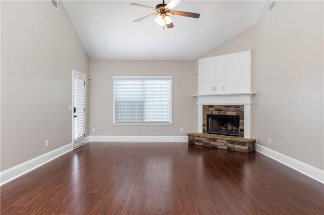 8 Ivy Loop, Phenix City, AL 36867 - unfurnished living room with lofted ceiling, ceiling fan, a fireplace, and wood finished floors