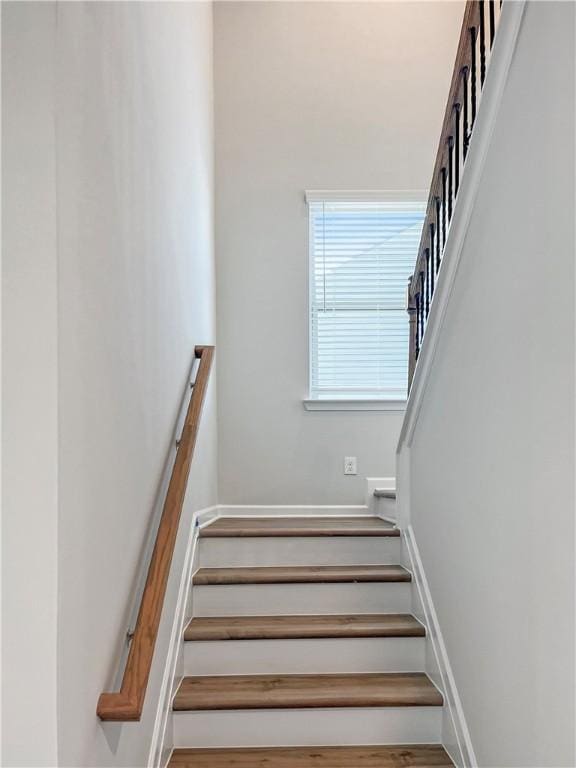 stairway featuring wood-type flooring