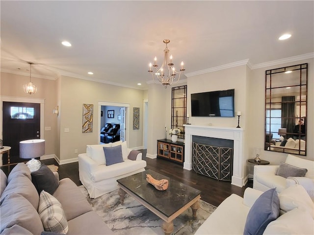 3615 Eagle Nest, Opelika, AL 36801 - living area with recessed lighting, dark wood-type flooring, an inviting chandelier, and ornamental molding