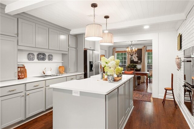 2521 Middle Brook Ln, Auburn, AL 36832 - kitchen with gray cabinetry, beam ceiling, stainless steel fridge with ice dispenser, and dark wood-type flooring