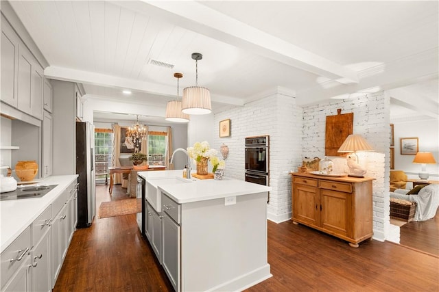 2521 Middle Brook Ln, Auburn, AL 36832 - kitchen featuring gray cabinetry, stainless steel refrigerator, beam ceiling, and dark wood finished floors