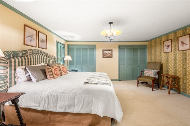 2521 Middle Brook Ln, Auburn, AL 36832 - carpeted bedroom featuring crown molding, wallpapered walls, and a chandelier