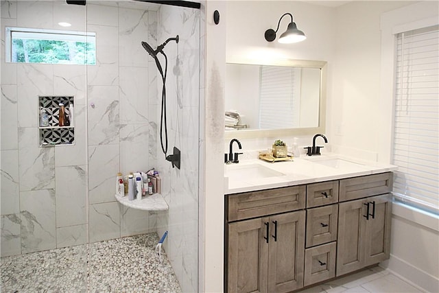 3897 Moores Mill Rd, Auburn, AL 36830 - bathroom with double vanity, a marble finish shower, and marble look tiles