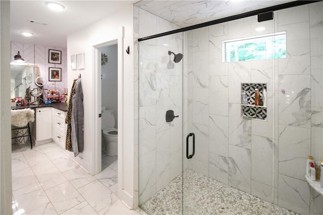 3897 Moores Mill Rd, Auburn, AL 36830 - full bath featuring a marble finish shower, marble look tile flooring, and vanity