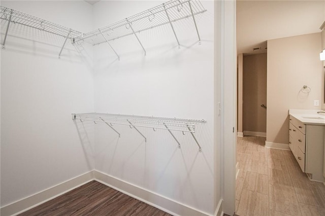 spacious closet with sink and light hardwood / wood-style flooring