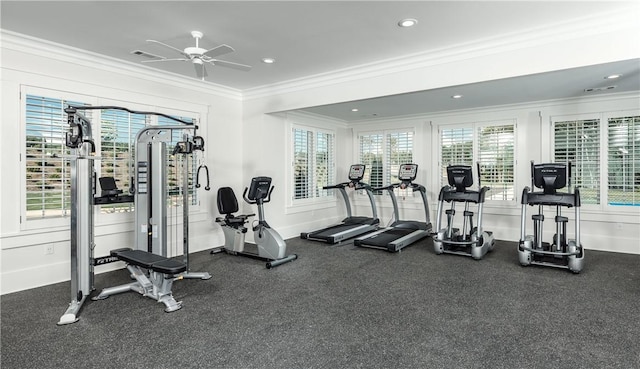 gym with ornamental molding and ceiling fan
