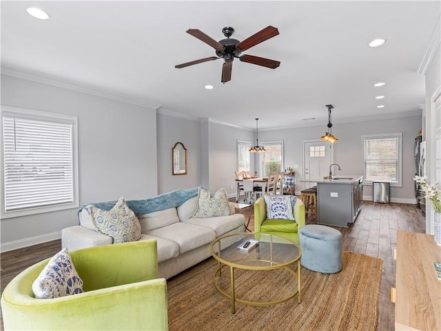 living room featuring ornamental molding, sink, dark wood-type flooring, and ceiling fan